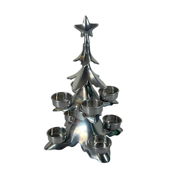 vintage Pottery Barn 11" Tall Crome Christmas Tree 8 Votive Candle Holder - Picture 5 of 8
